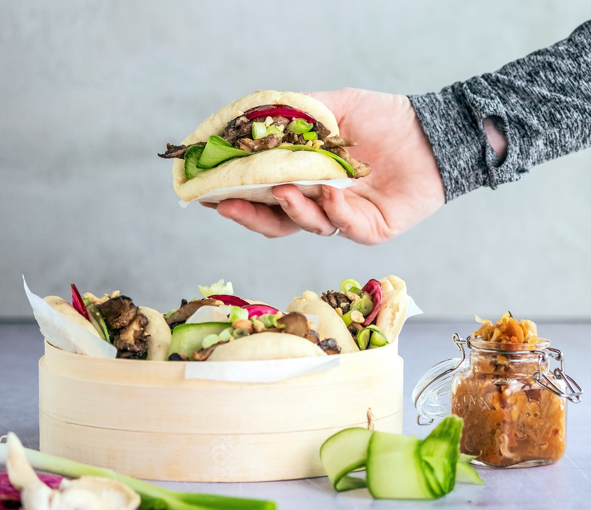 Vegan Mushroom Bao Buns with Kimchi